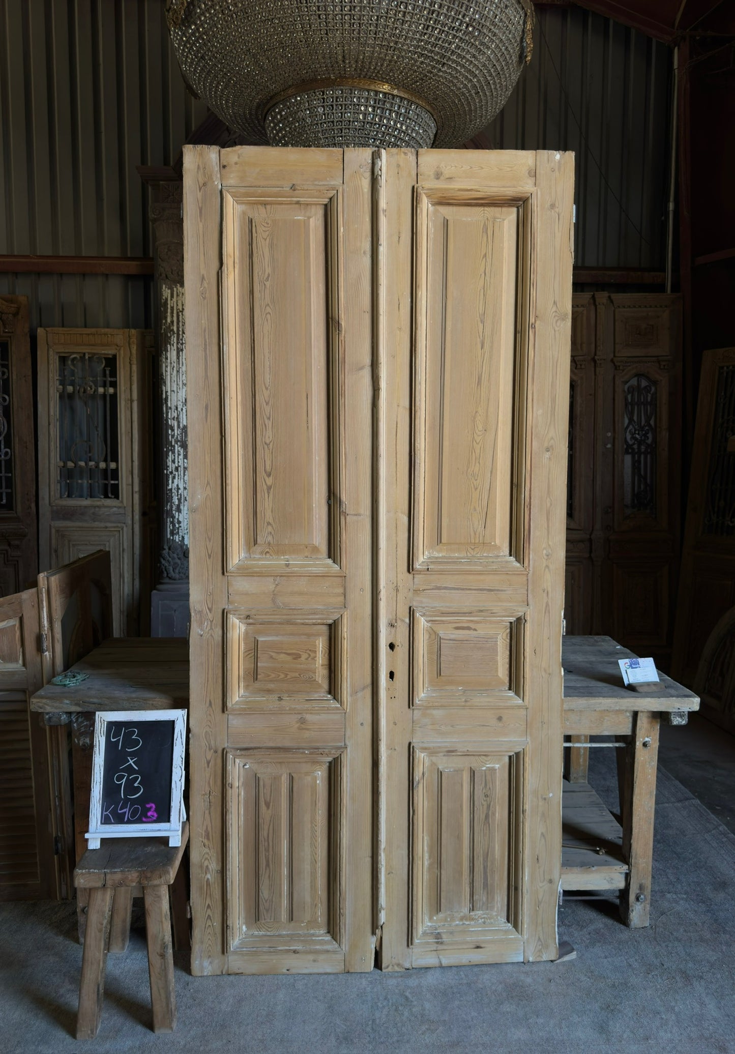 Raised Molding 3 Panel Antique Solid French Doors - 43x93 K403