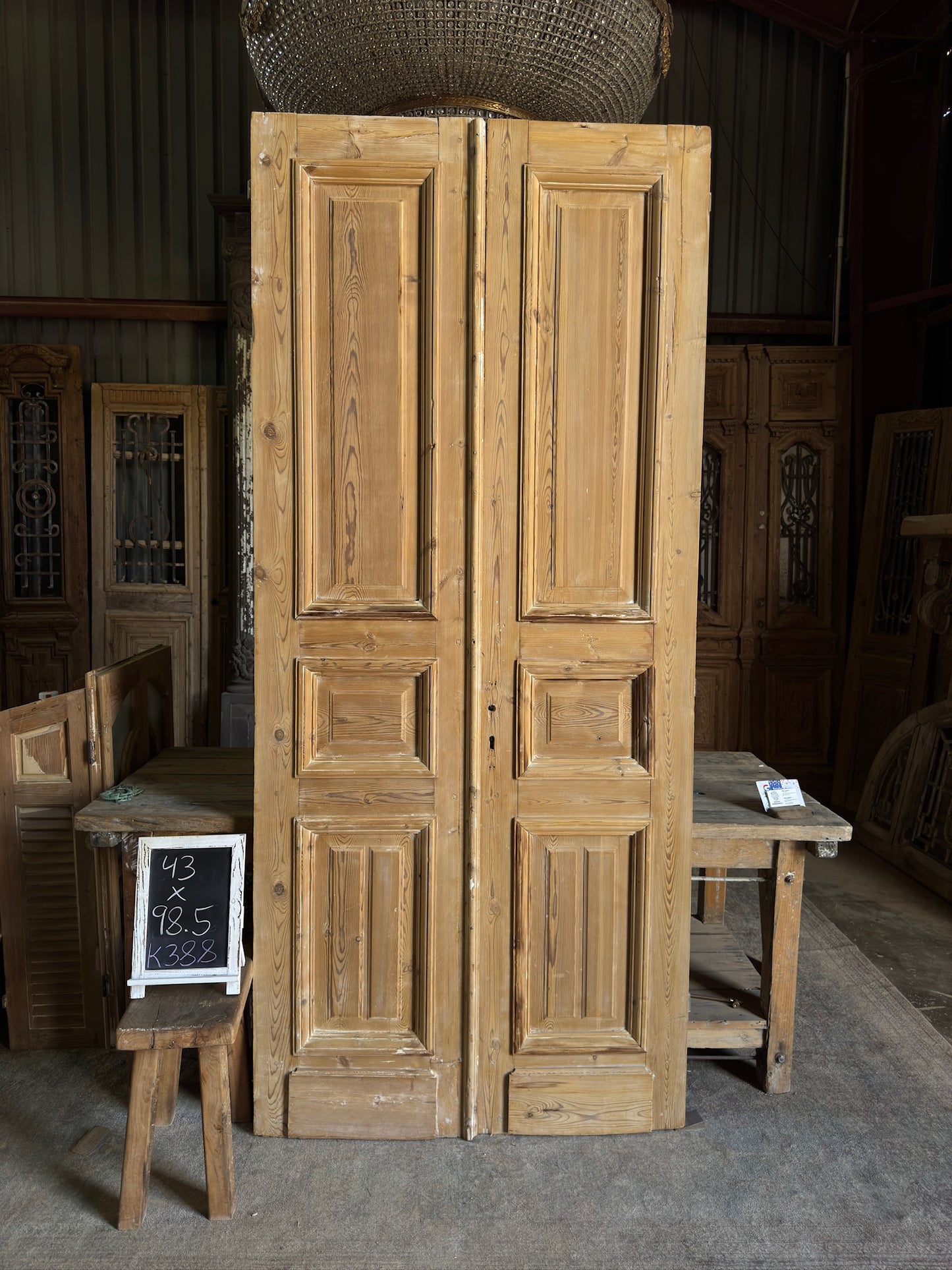 Raised Molding 3 Panel Antique Solid French Doors - 43x98.5 K388
