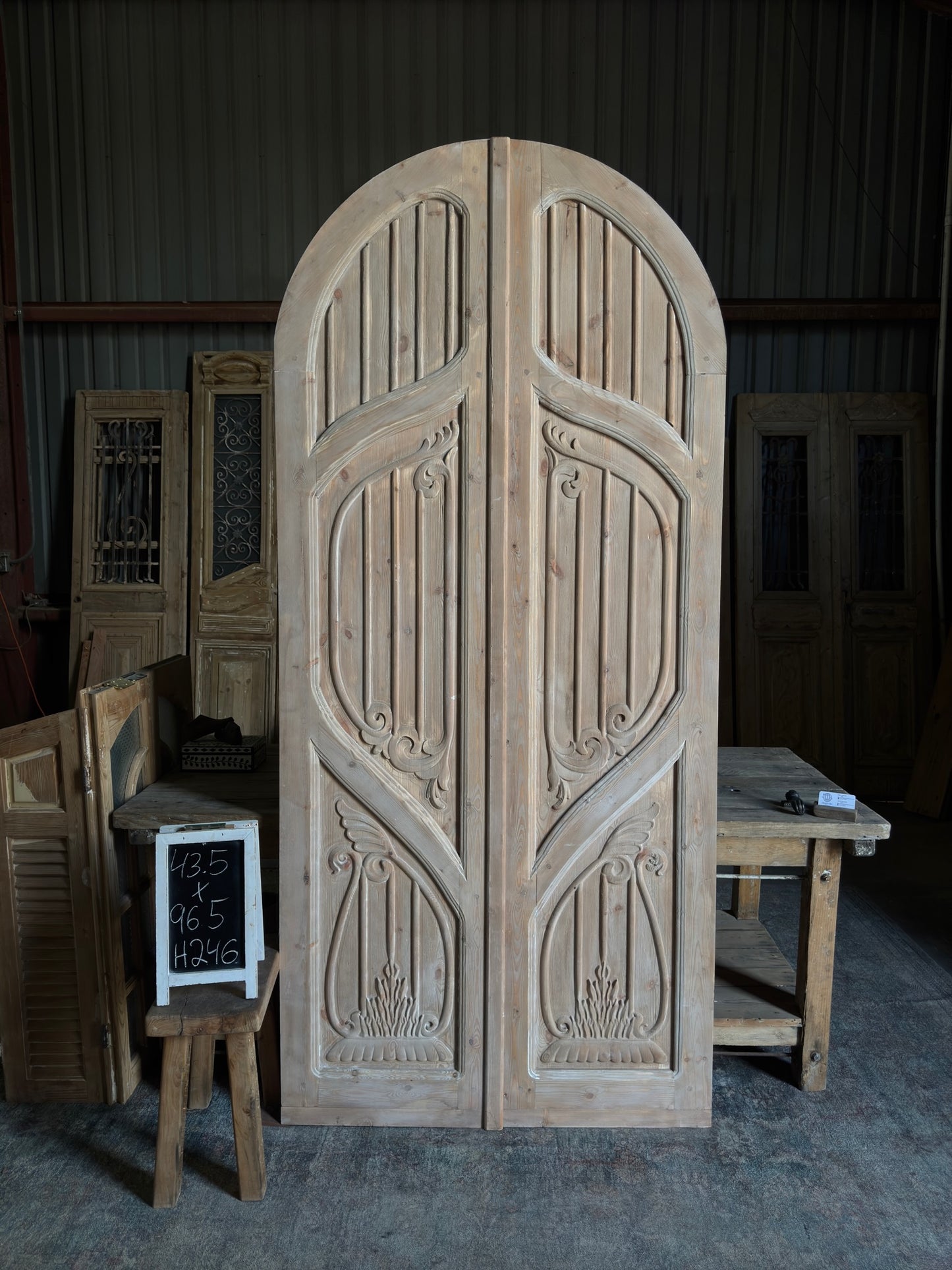 (The Merlin) Handrcrafted Arched Baltic Pine French Doors - 43.5x96.5 H246