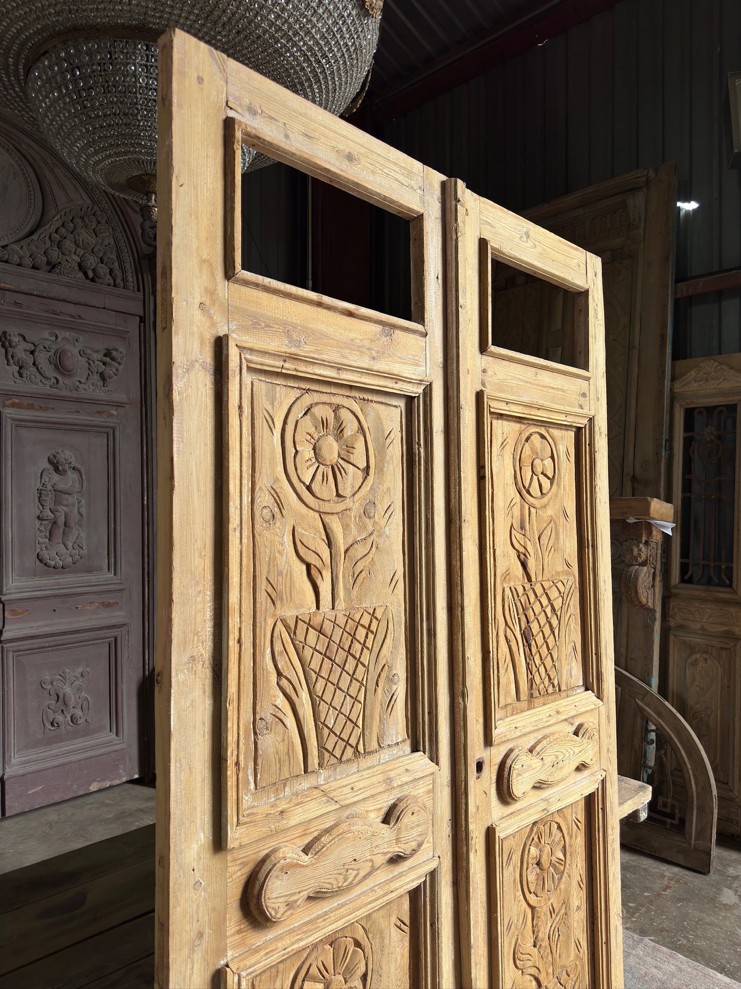 Flower Carved Antique French Doors - 52x91 K198