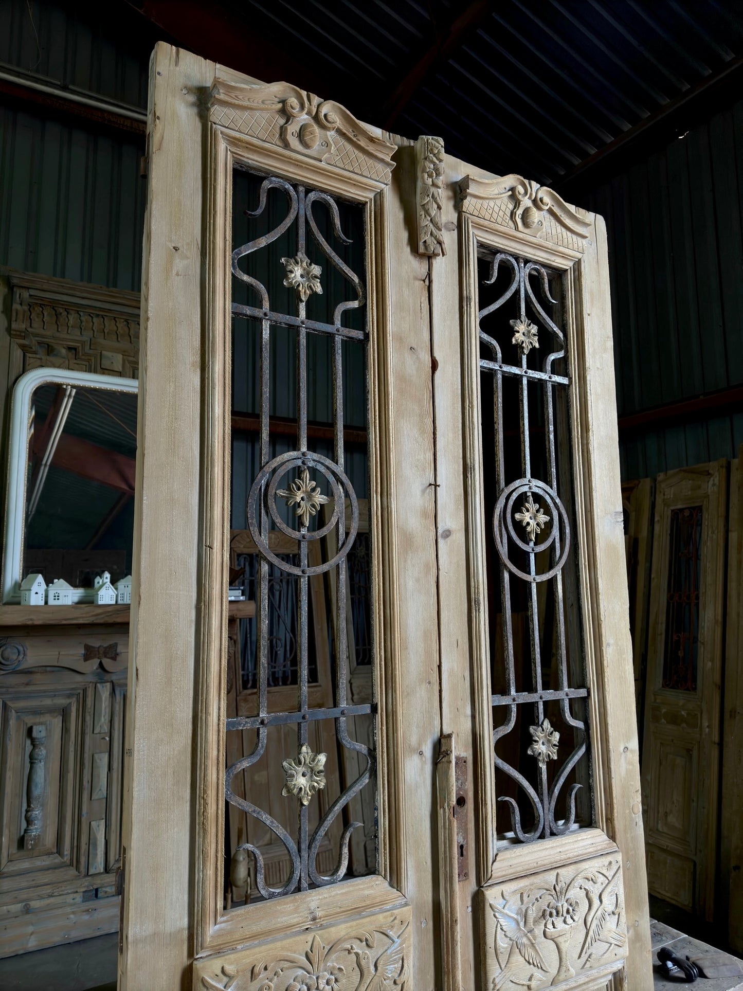 Antique Hand Carved Iron French Doors - 42.5x104 H138
