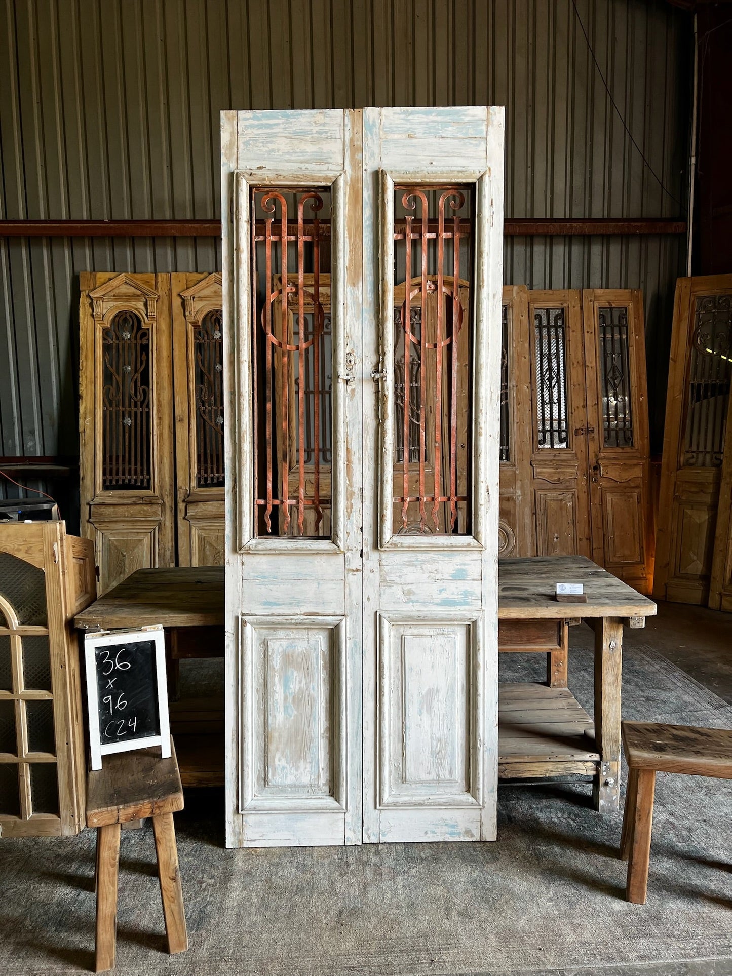 Antique Hand Carved Iron French Doors - 36x96 C24 - Magnolia Antique Door Co.