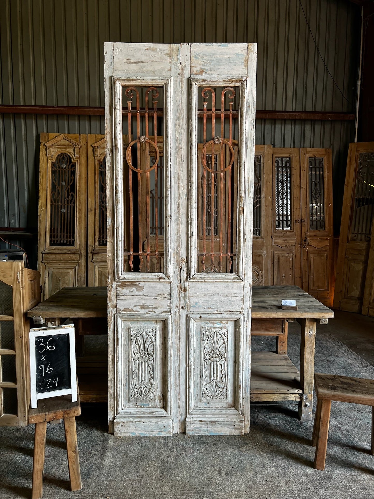 Antique Hand Carved Iron French Doors - 36x96 C24 - Magnolia Antique Door Co.