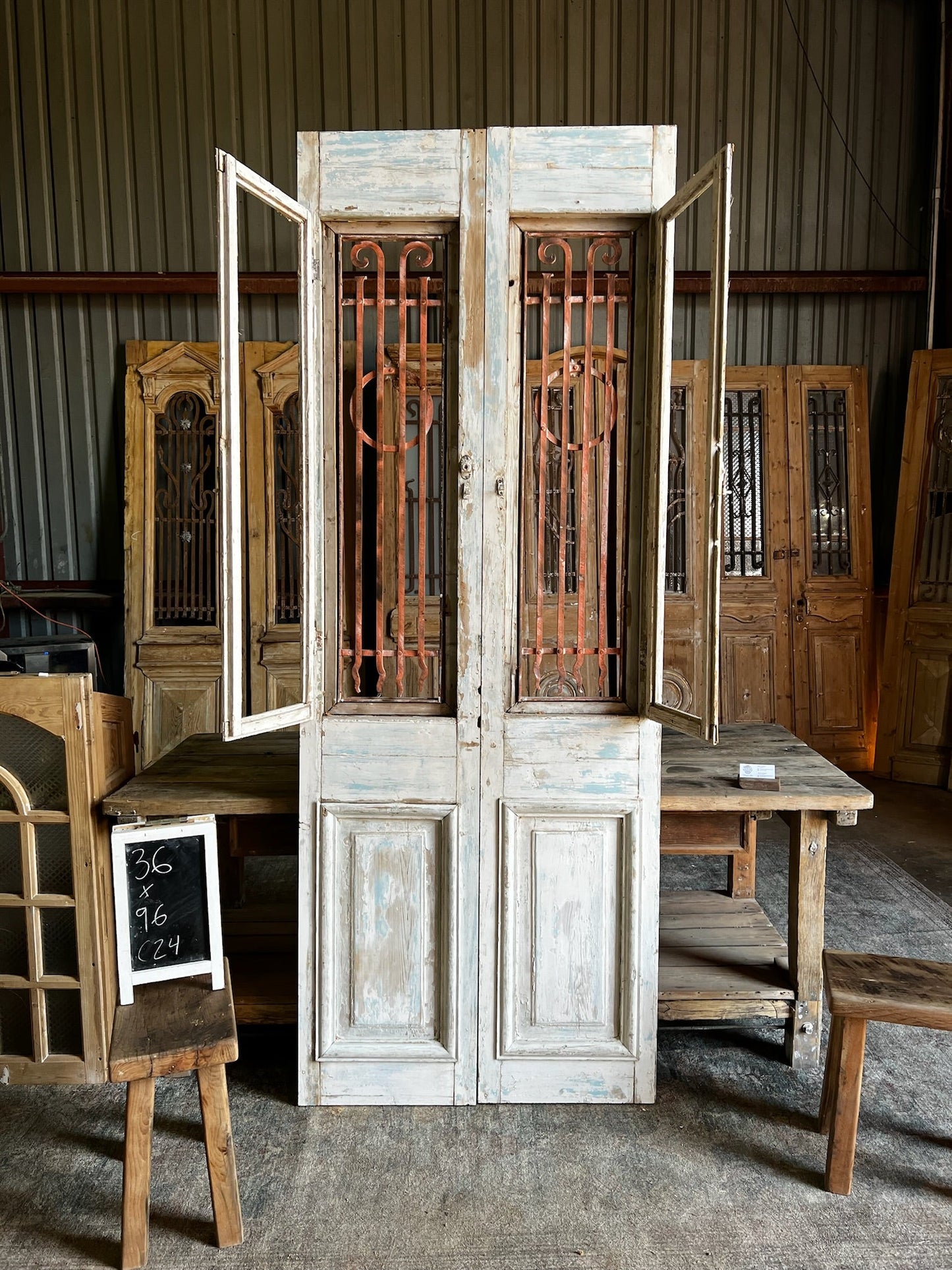 Antique Hand Carved Iron French Doors - 36x96 C24 - Magnolia Antique Door Co.