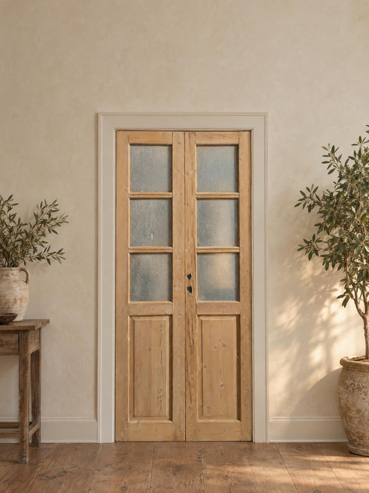Antique Raised Panel Textured Glass French Doors - 38x85.5 - N785 shown installed in a room (digital preview)