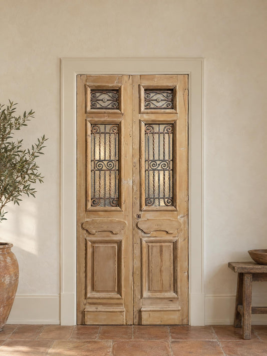 Antique Scrolled Iron Textured Glass Double Doors - 44x100 - N850 shown installed in a room (digital preview)