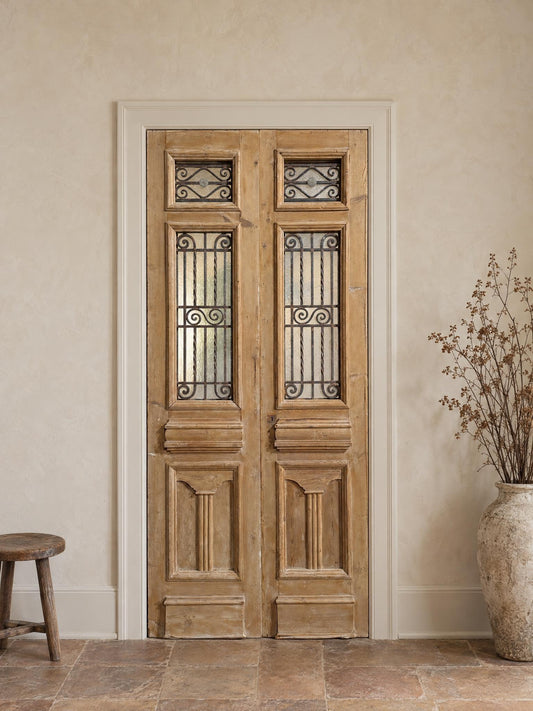 Antique Scrolled Iron Textured Glass Double Doors - 44x101 - N851 shown installed in a room (digital preview)