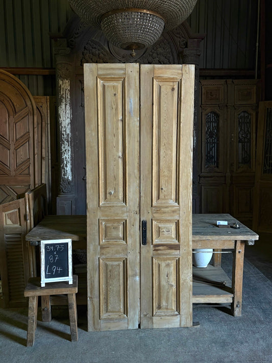 Raised Molding 3 Panel Antique Solid French Doors - 34.75x87 - L94