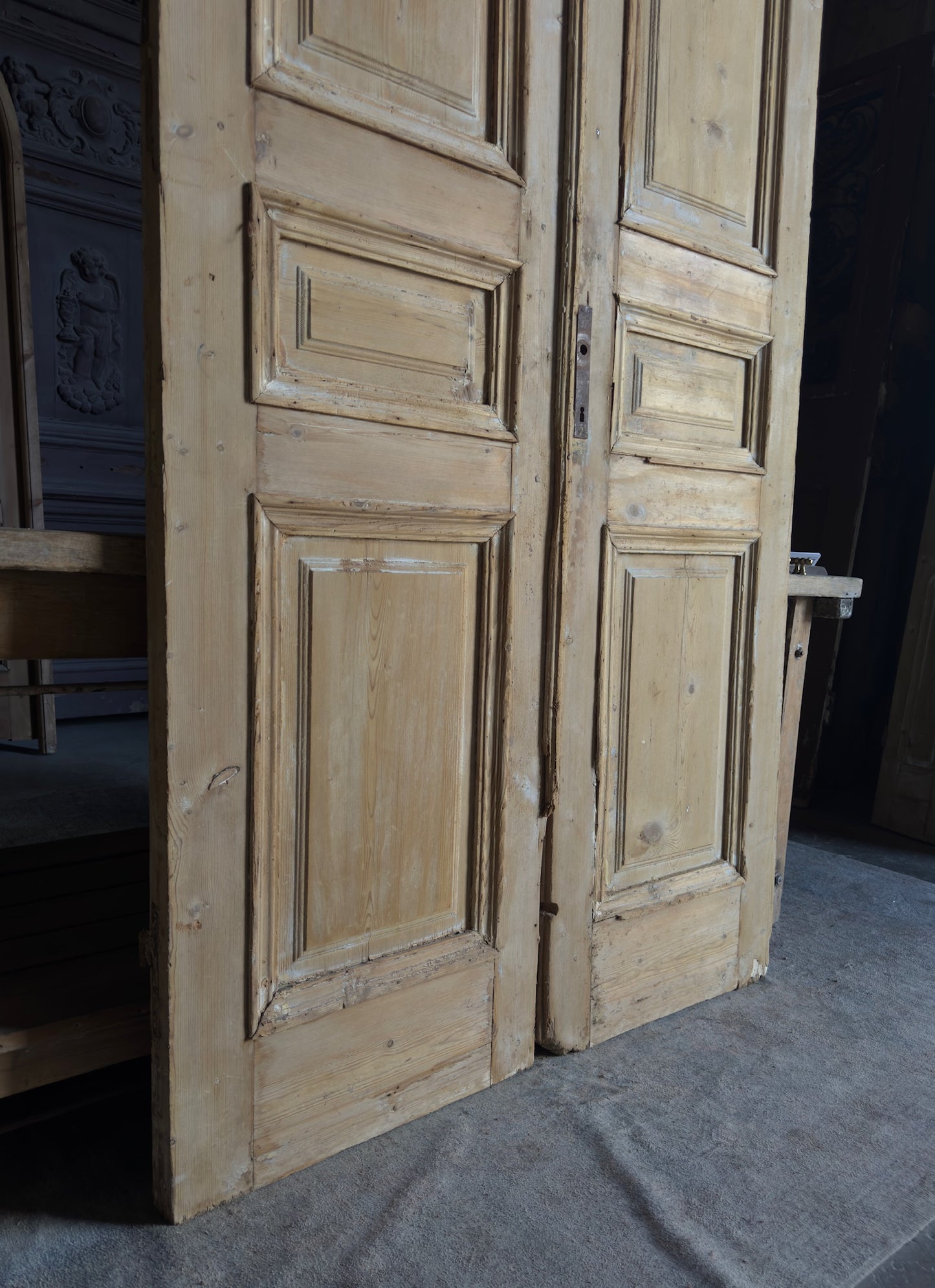 Raised Molding 3 Panel Antique Solid French Doors - 46.5x100 - L361