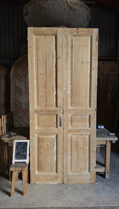 Raised Molding 3 Panel Antique Solid French Doors - 43.5x100 - L356
