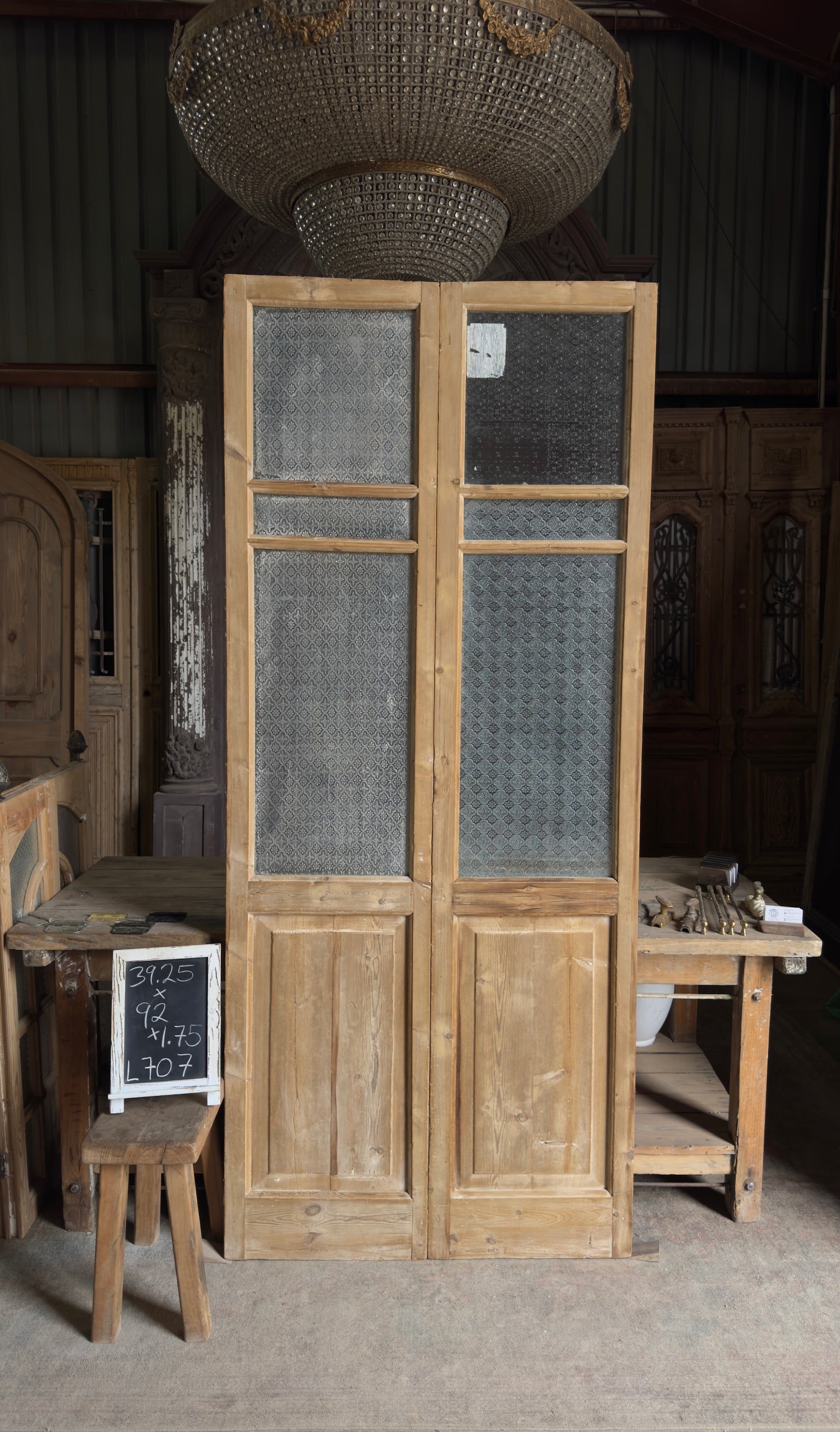 Antique Obscured Glass 3 Lite French Doors - 39.25x92 - L707