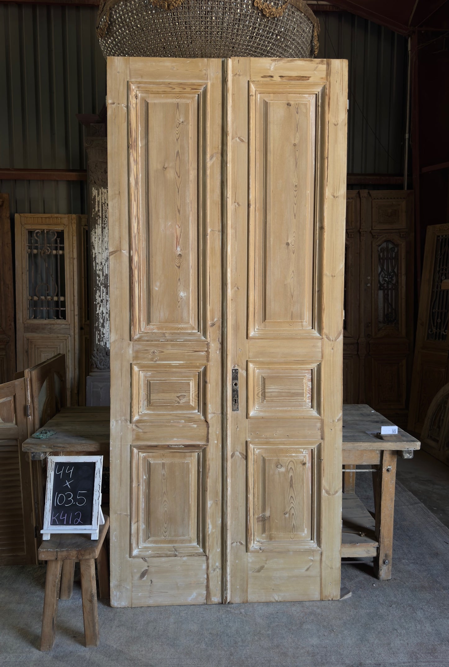Raised Molding 3 Panel Antique Solid French Doors - 44x103.5 K412