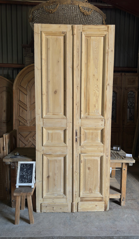 Raised Molding 3 Panel Antique Solid French Doors - 43.5x106.5 - L395