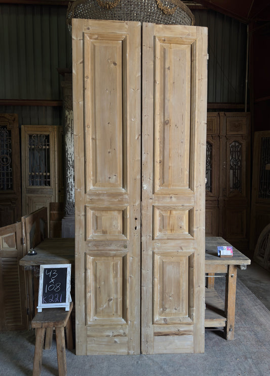 3 Panel Antique Solid French Doors With Raised Molding - 43x108 K221