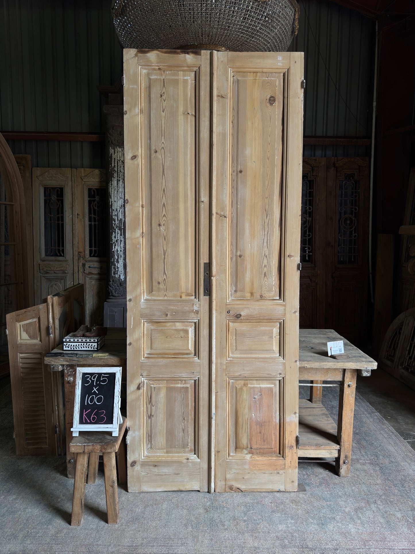 3 Panel Antique Solid French Doors - 39.5x100 K63