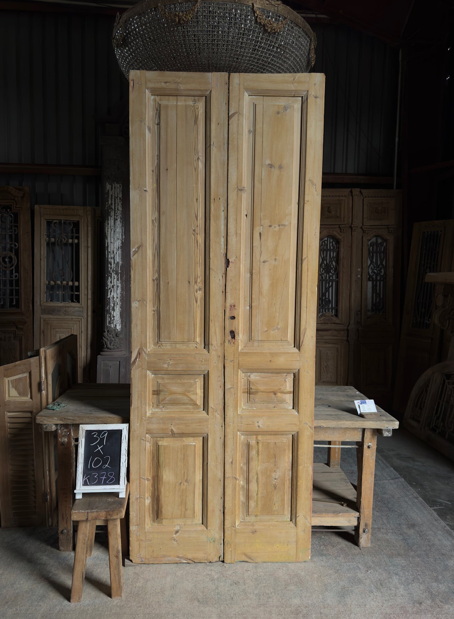 3 Panel Antique Solid French Doors - 39x102 K378
