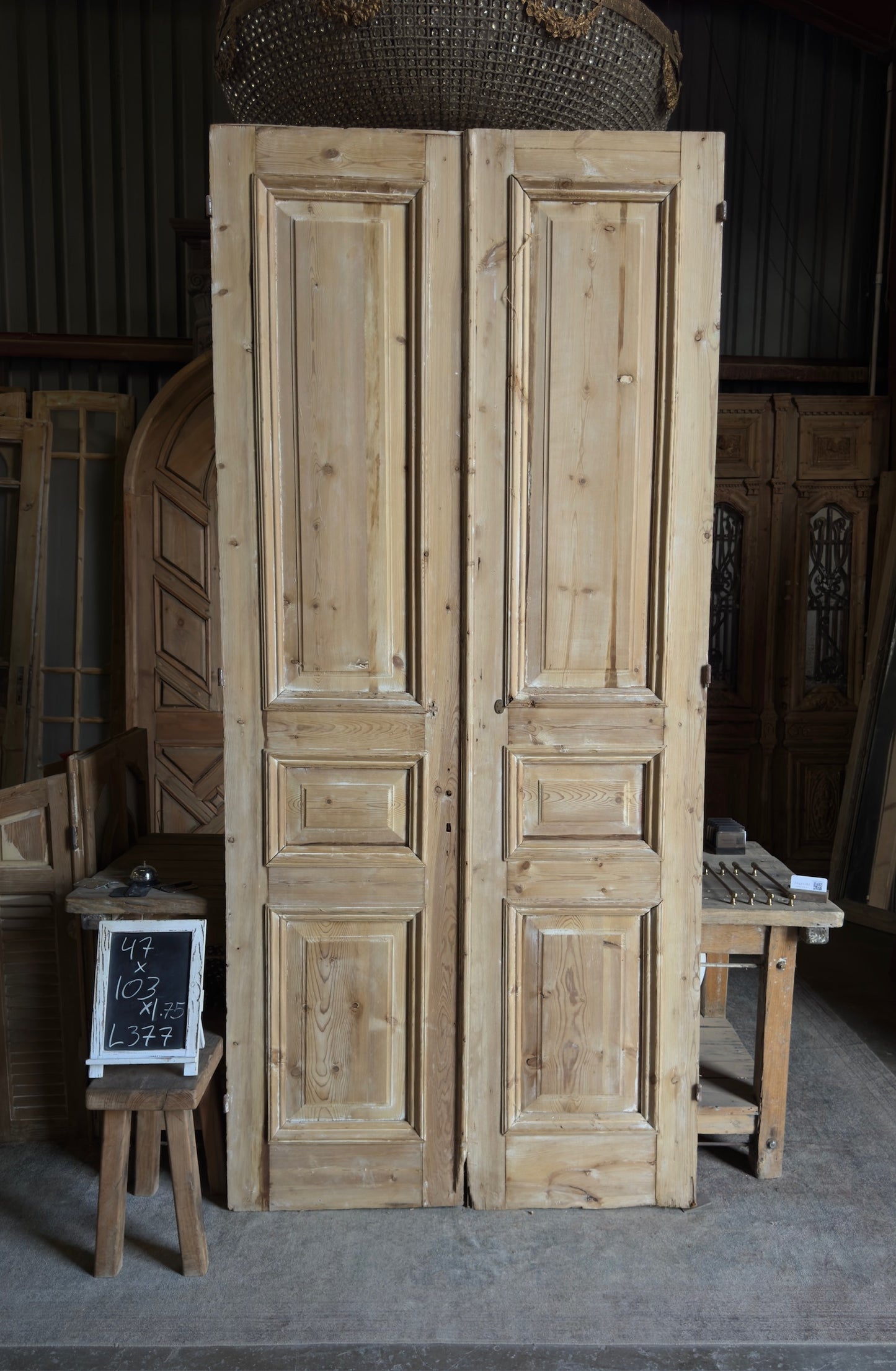 Raised Molding 3 Panel Antique Solid French Doors - 47x103 - L377