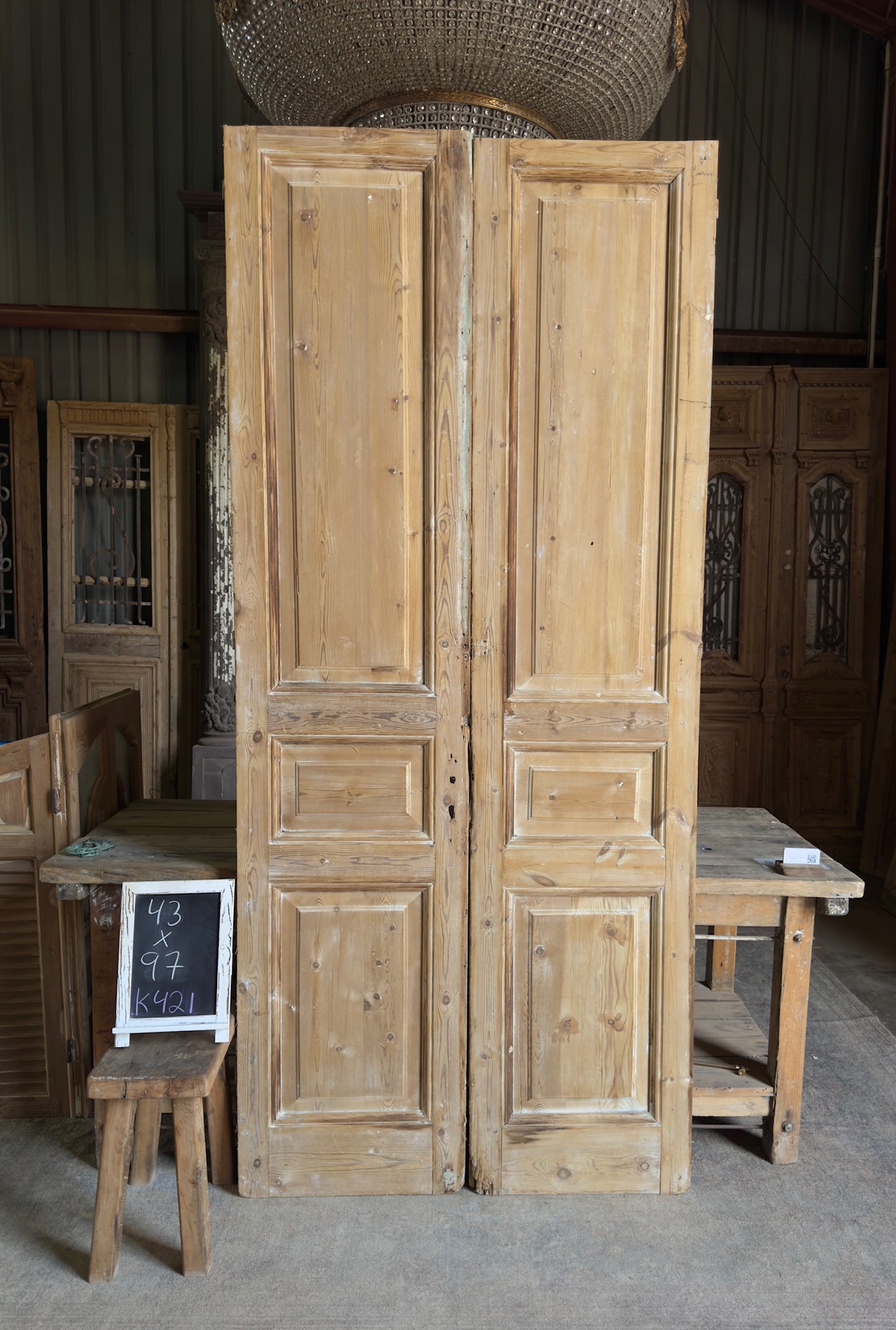 3 Panel Antique Solid French Doors - 43x97 K421