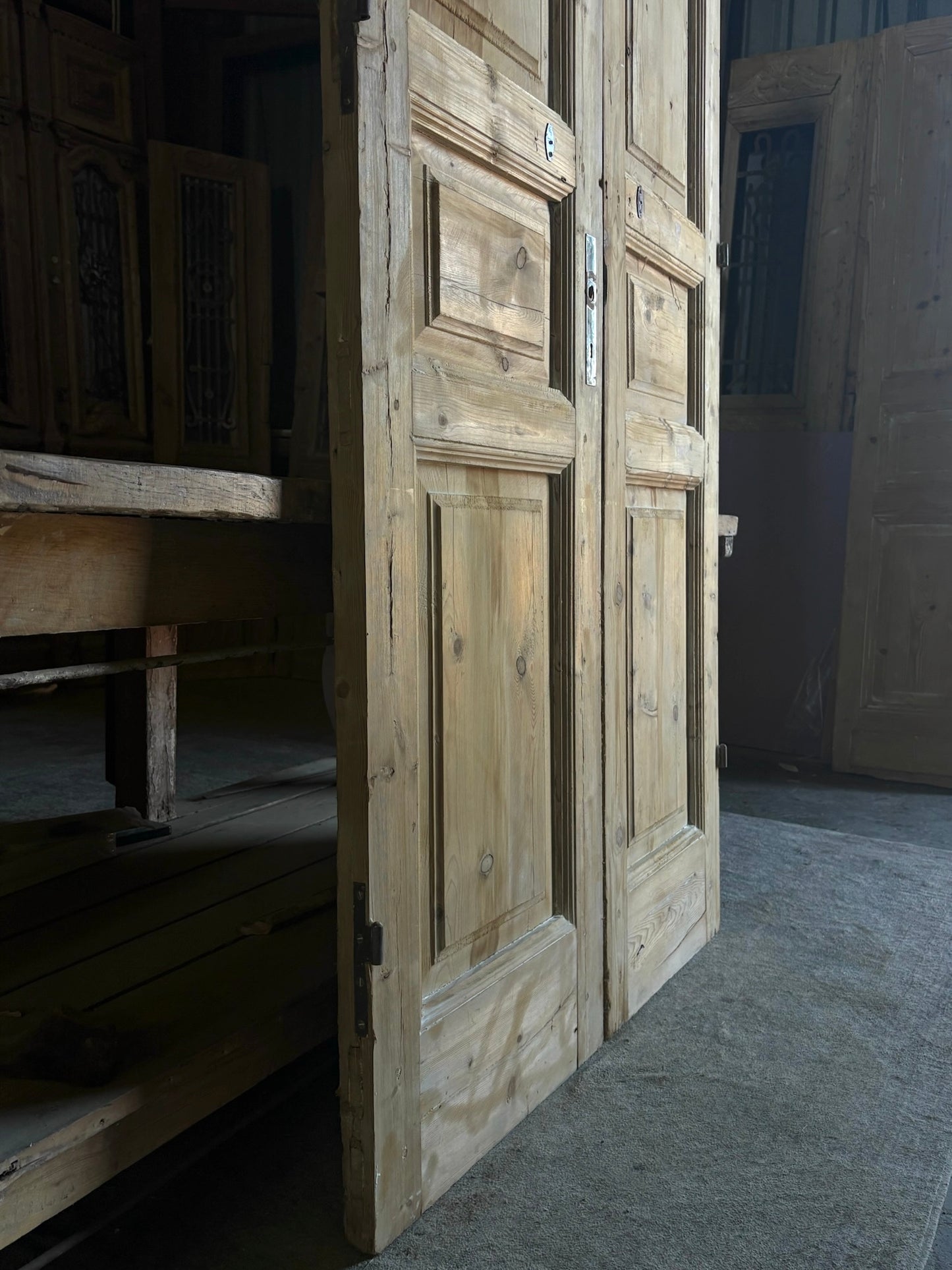 Raised Molding 3 Panel Antique Solid French Doors - 43.75x94.25 - L100