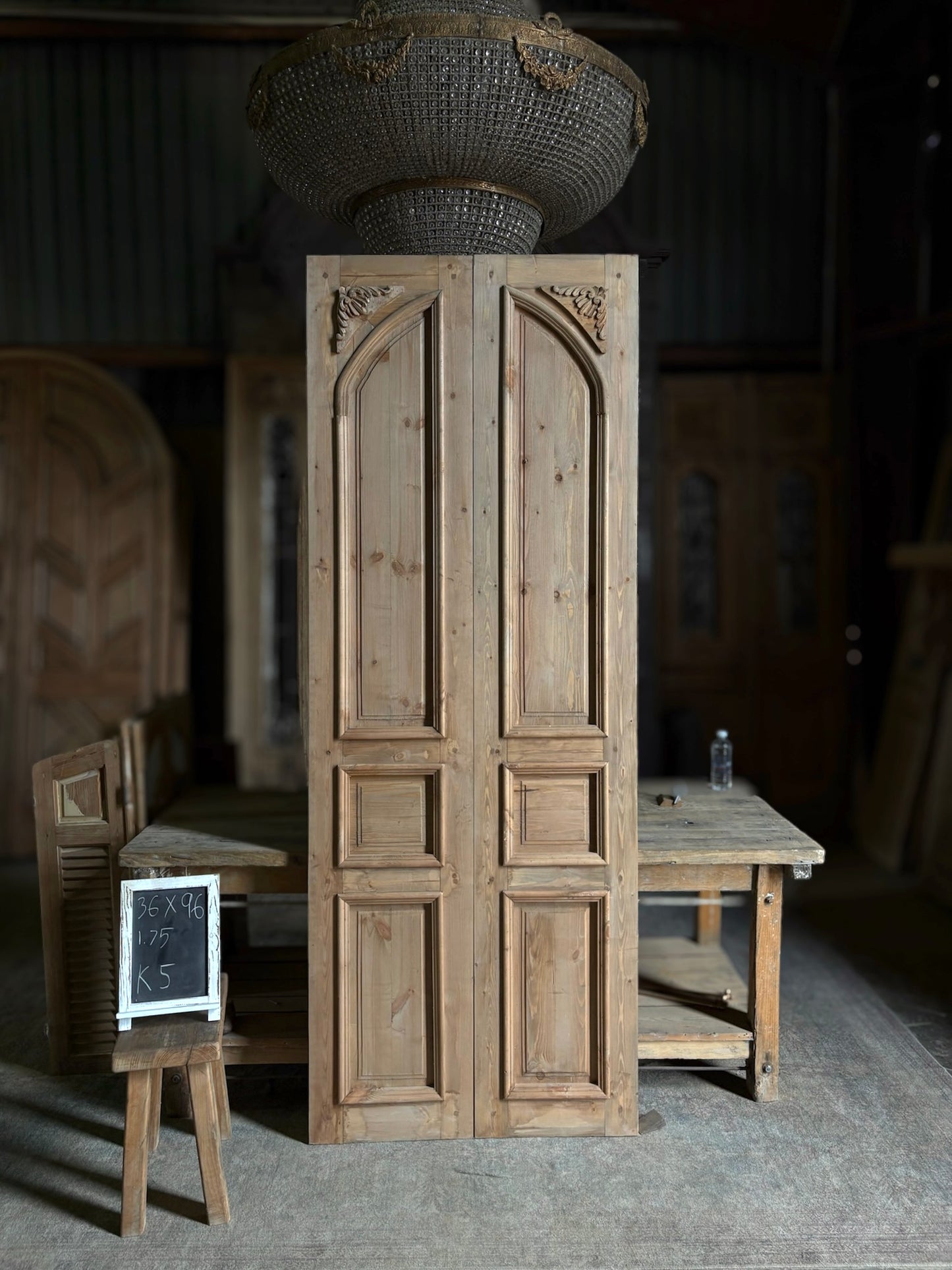 Handcrafted 3 Panel Arched Carved French Doors - 36x96 K5