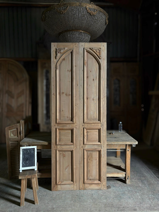 Handcrafted 3 Panel Arched Carved French Doors - 36x96 K5