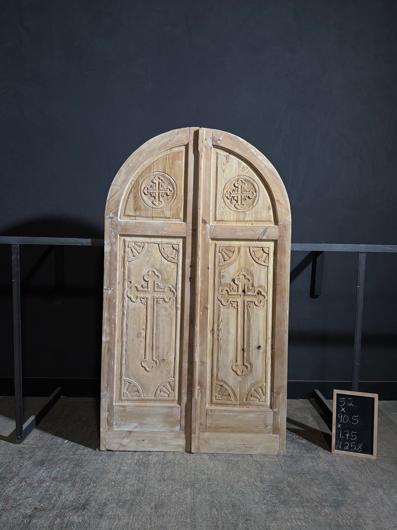 Antique Carved 2 Panel Arched Double Doors - 52x90.5 - N258