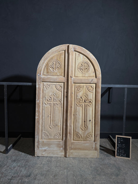 Antique Carved 2 Panel Arched Double Doors - 52x90.5 - N258