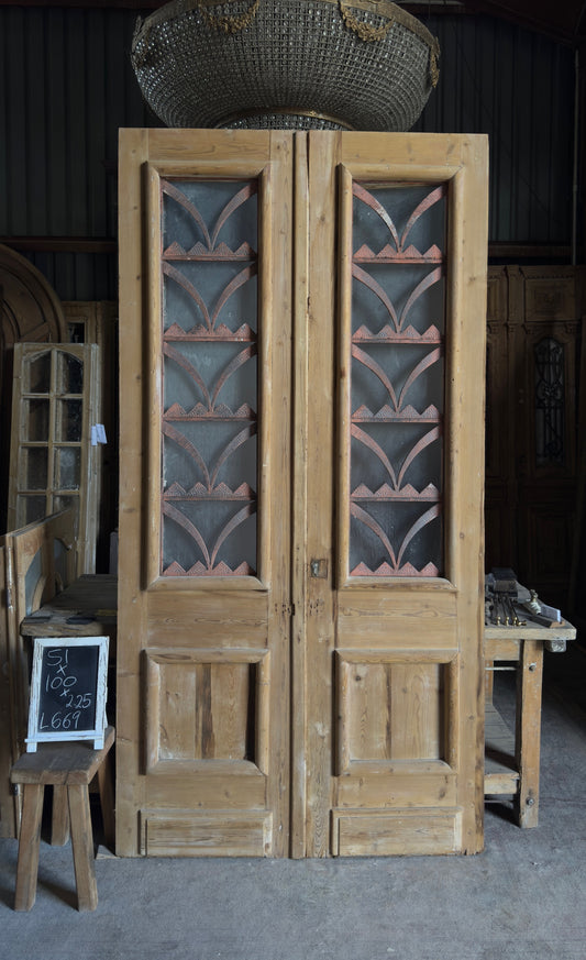 Antique Decorative Glass 3 Lite French Doors - 51x100 - L669