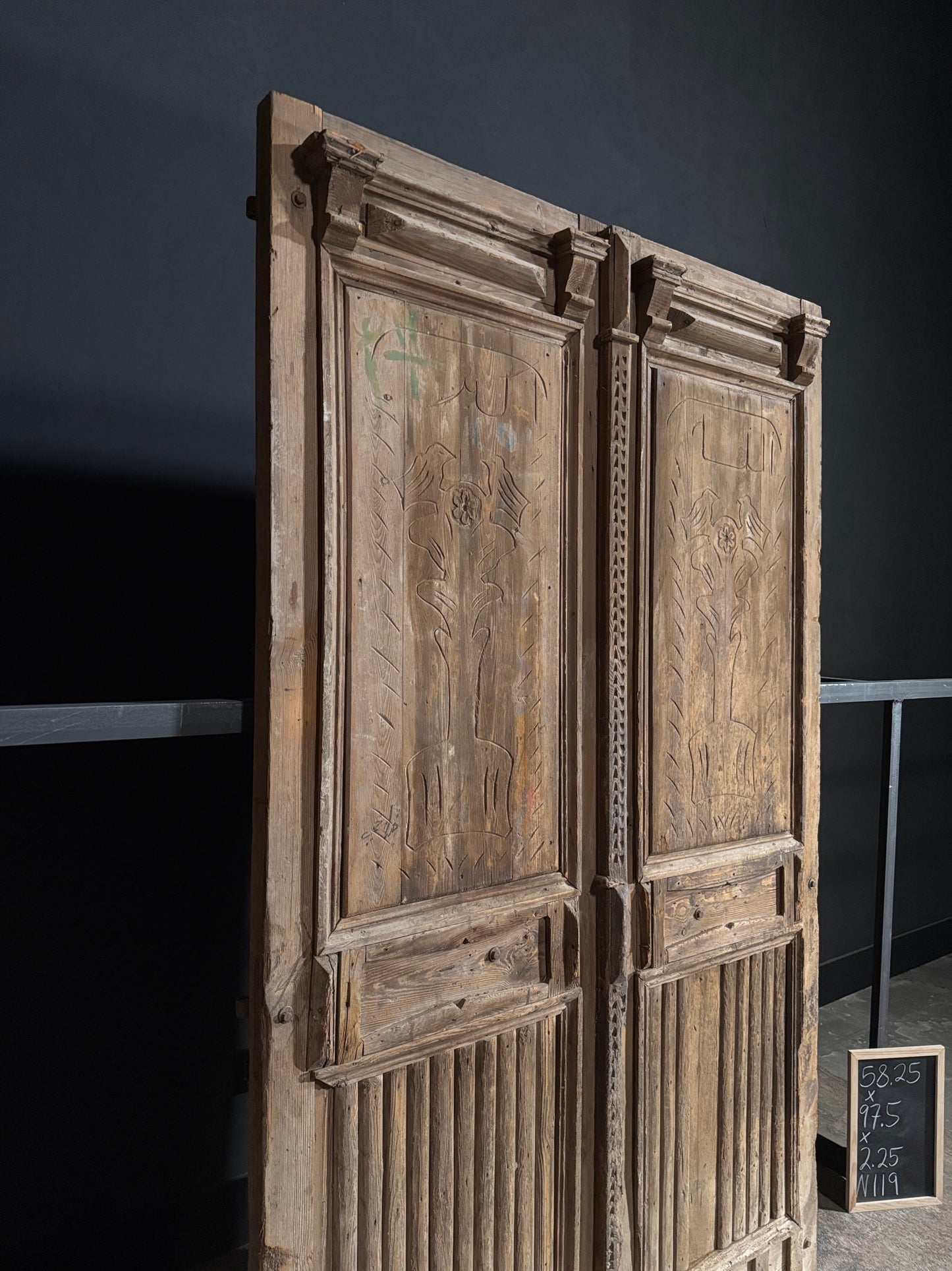 Antique Carved 3 Panel Double Doors - 58.25x97.5 - N119