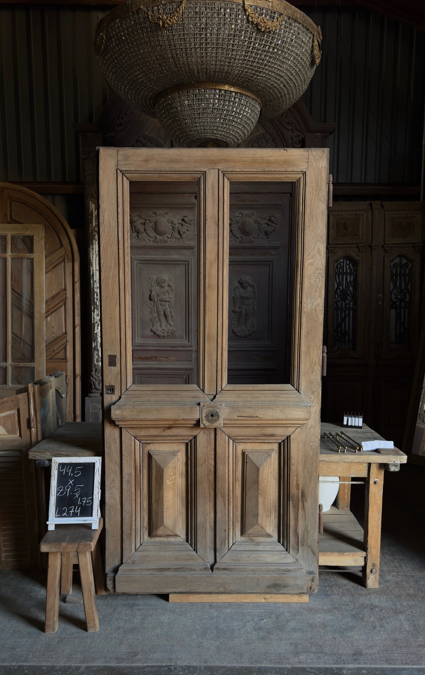 French 2-Lite Glass Antique Single Door with Paneled Base - 44.5x89.5 - L274