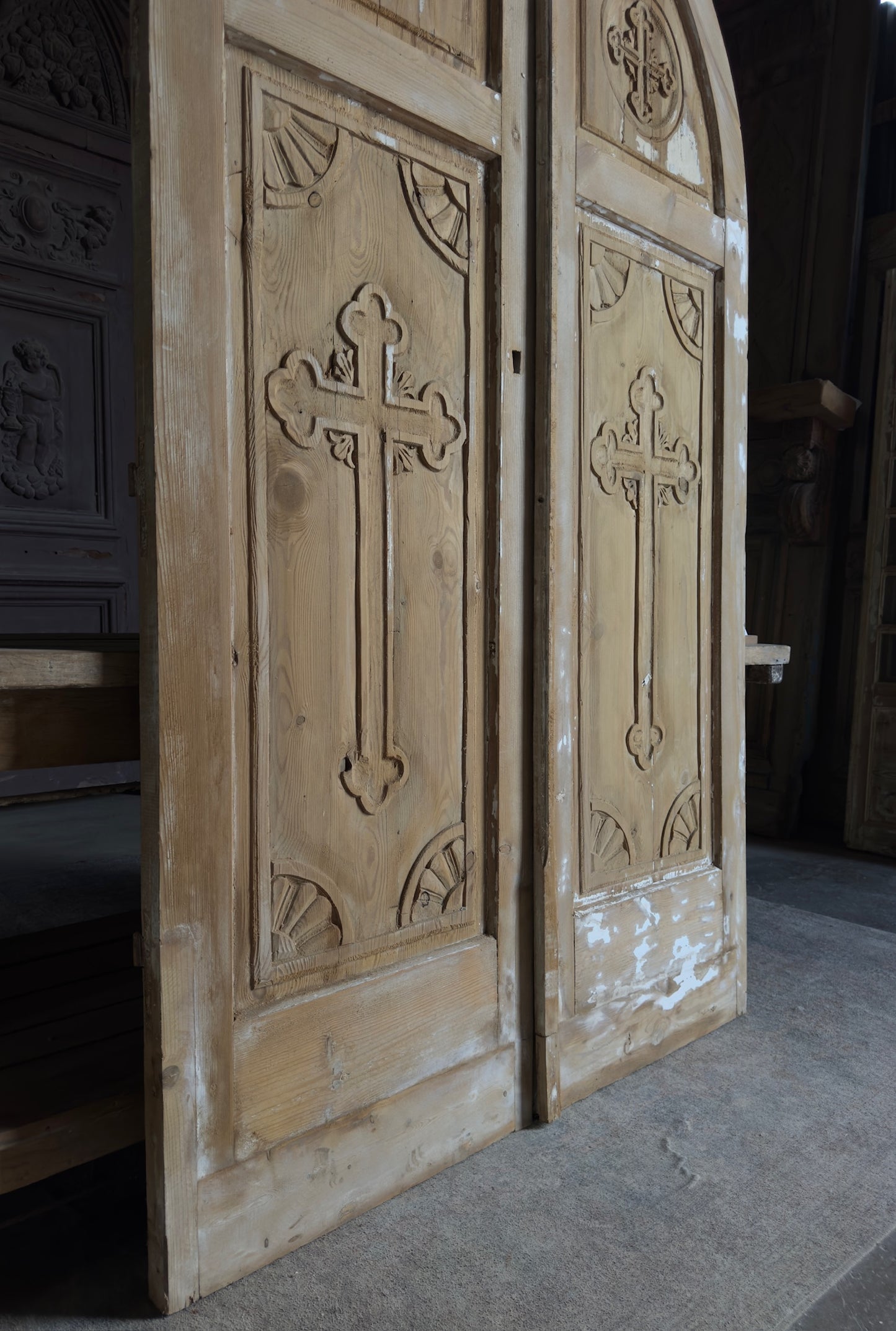 Antique Solid Arched Doors with Carved Cross - 52.5x90 - L141