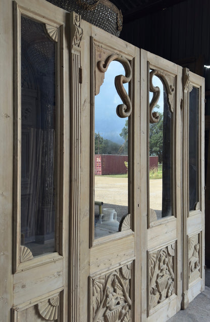 Carved Scene Antique Bi-Fold Glass Doors - 108.5x105.5 K238