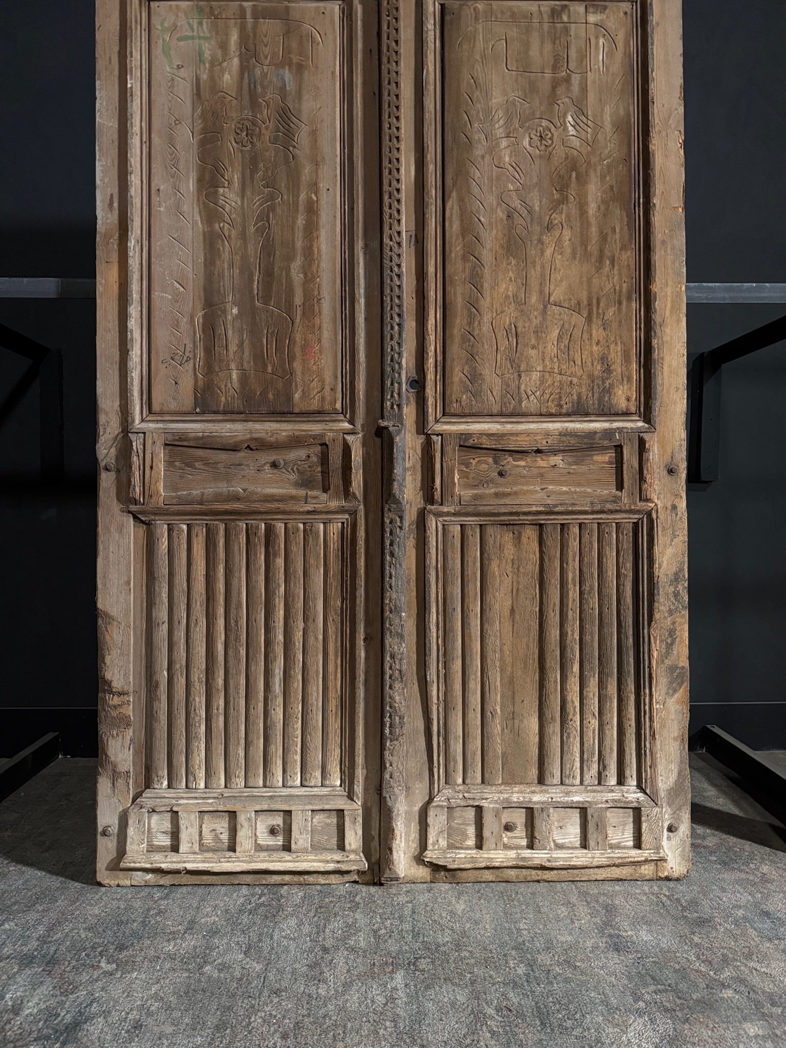 Antique Carved 3 Panel Double Doors - 58.25x97.5 - N119