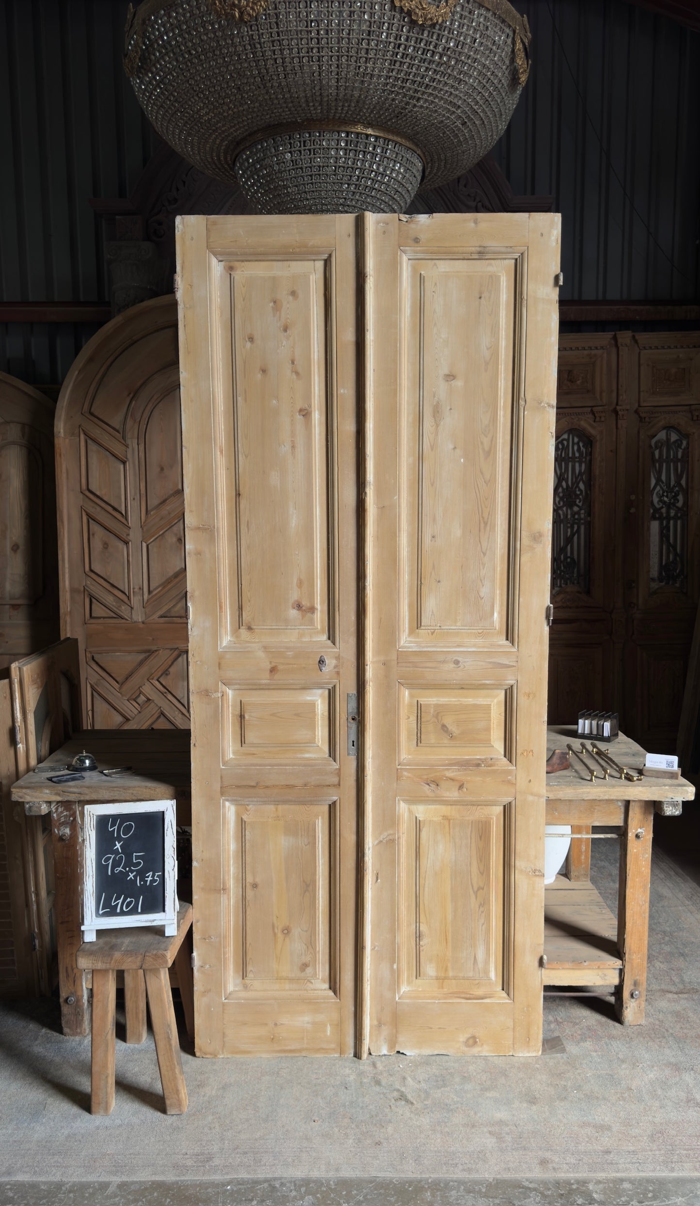 3 Panel Carved Antique Solid French Doors - 40x92.5 - L401