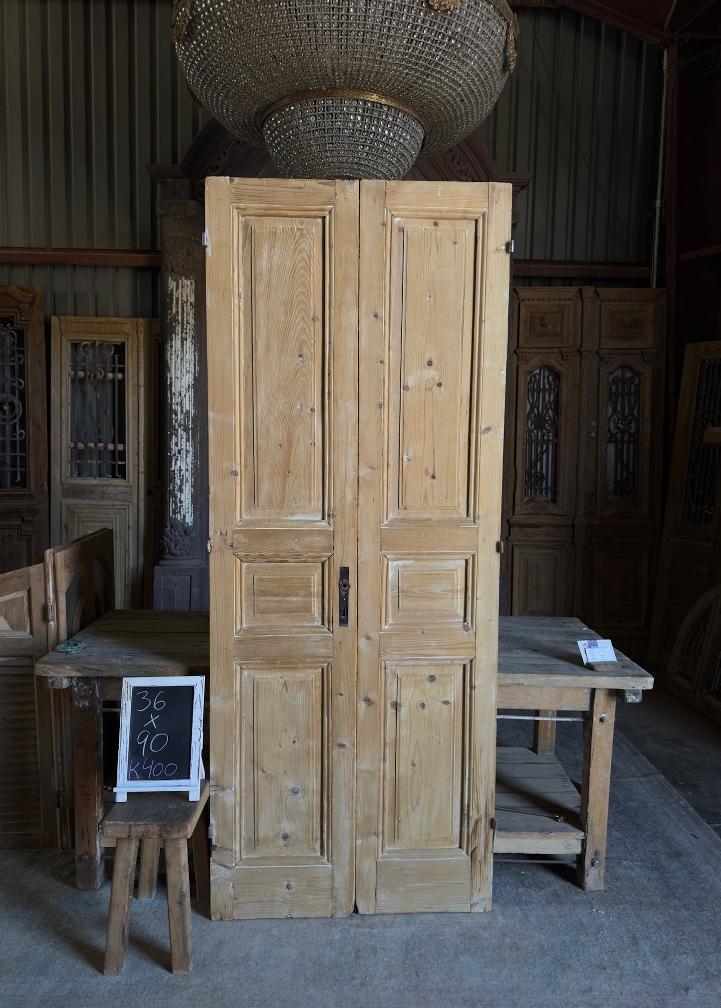 3 Panel Antique Solid French Doors - 36x90 K400