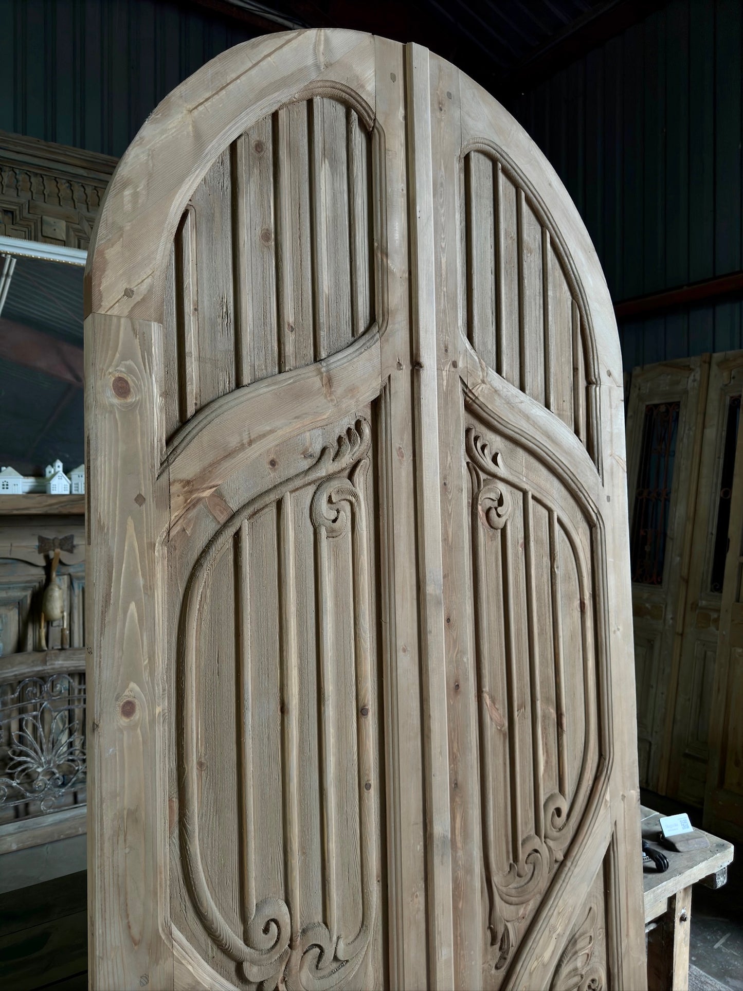 (The Merlin) Handrcrafted Arched Baltic Pine French Doors - 43.5x96.5 H236