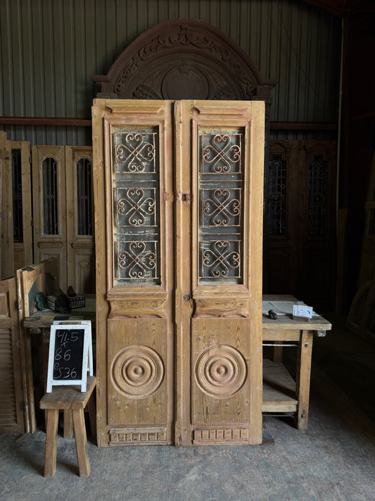 Bullseye Carved Antique Iron French Doors - 41.5x86 J36