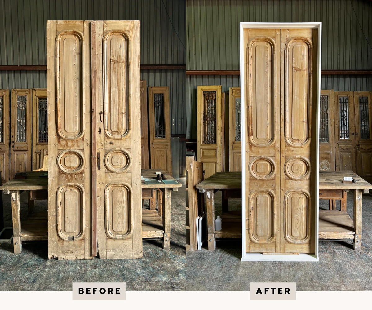 A pair of doors fully restored and Pre-hung in a standard prime grade jamb