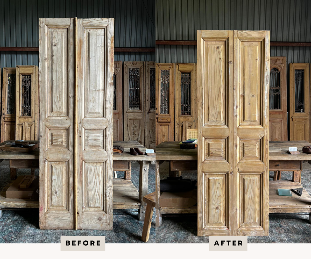 A pair of doors trimmed square and lightly restored