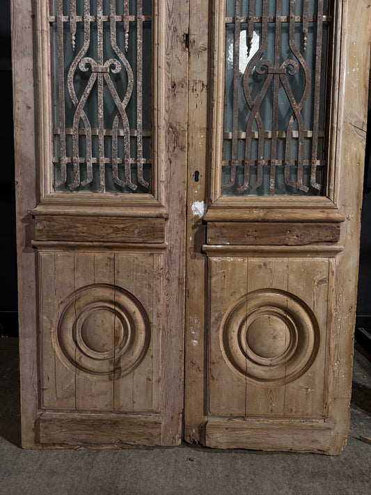 Antique Architectural Iron Grille Glass Double Doors - 51x96 - N743