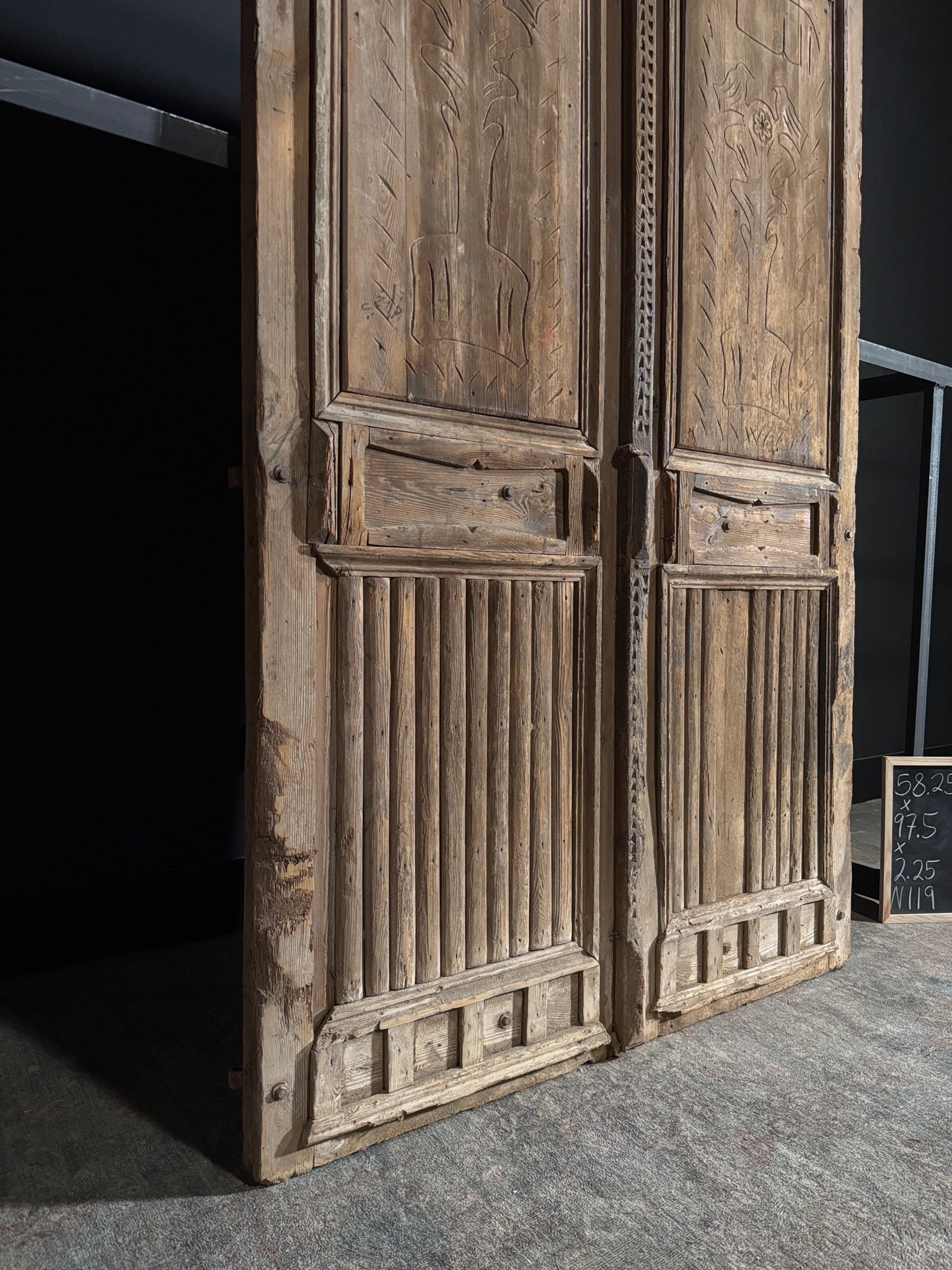 Antique Carved 3 Panel Double Doors - 58.25x97.5 - N119