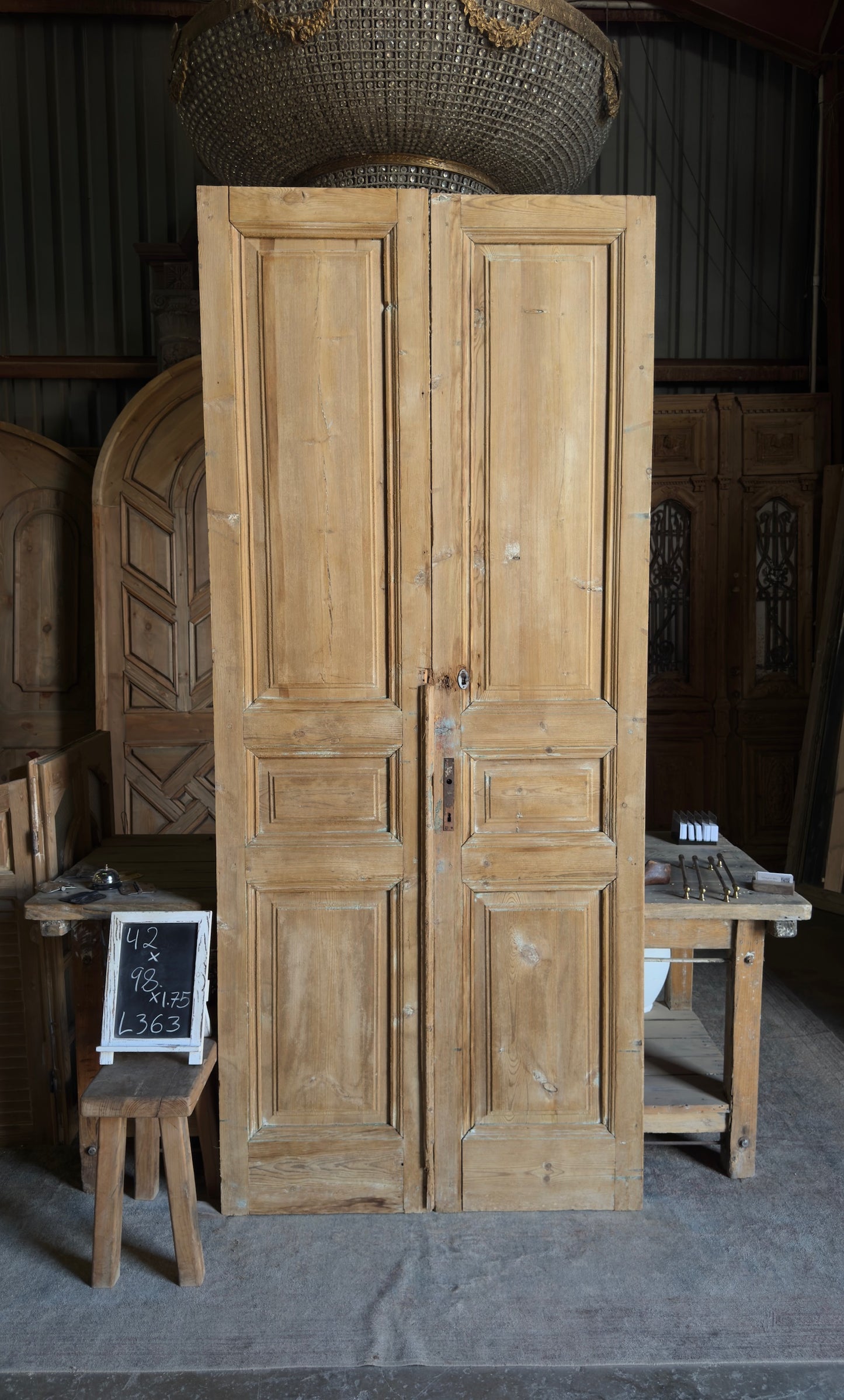 3 Panel Antique Solid French Doors - 42x98 - L363