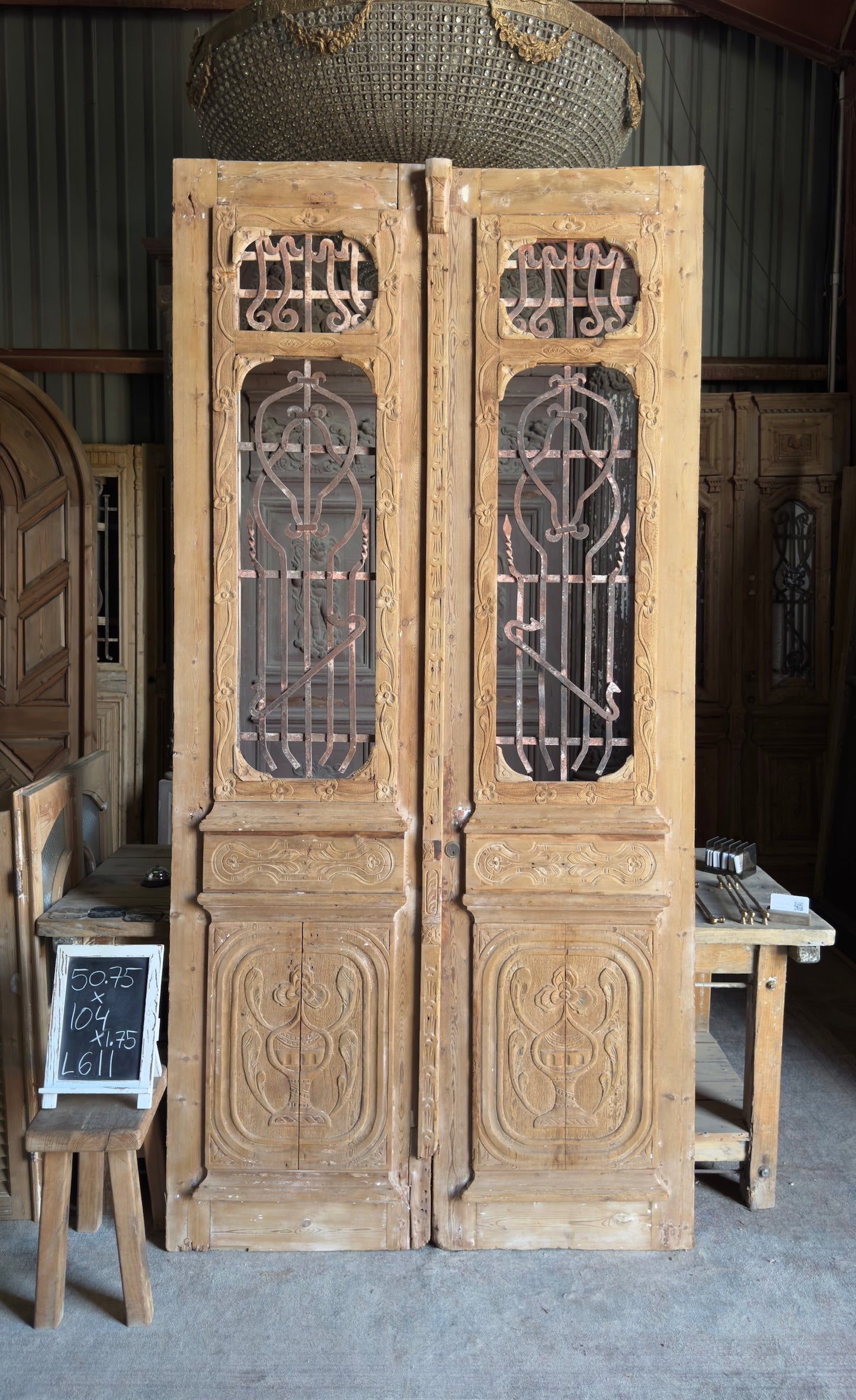 Antique Carved 2 Panel Double Doors - 50.75x104 - L611