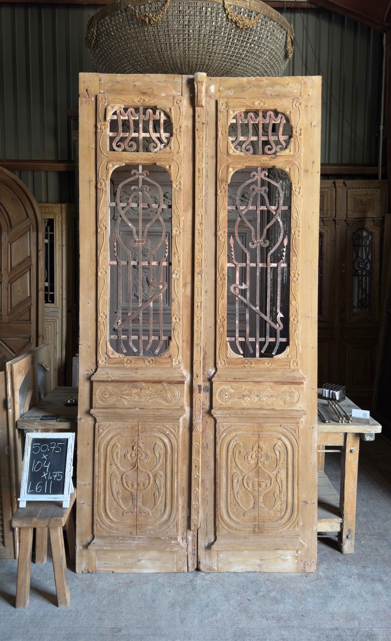 Antique Carved 2 Panel Double Doors - 50.75x104 - L611