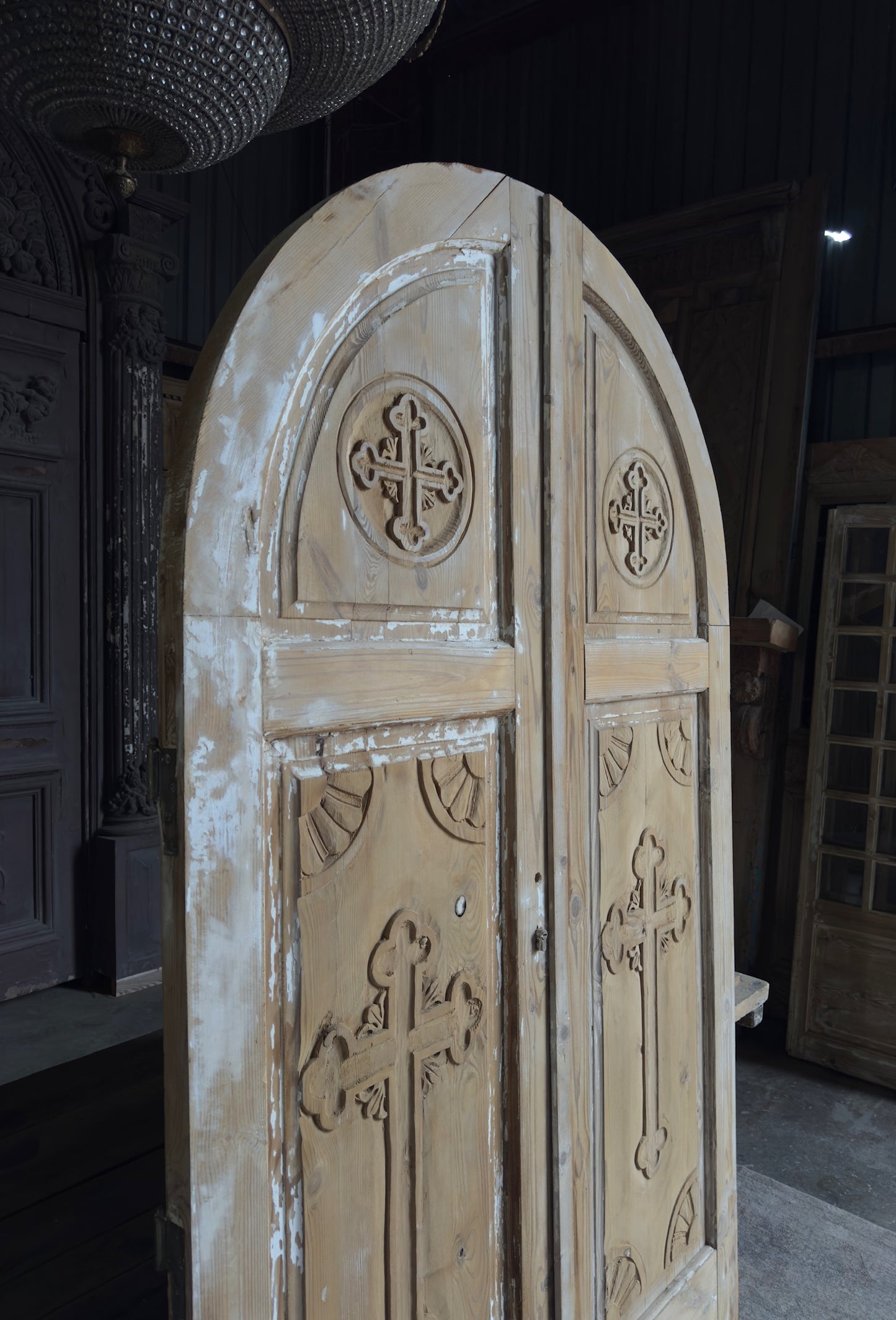 Antique Solid Arched Doors with Carved Cross - 52x90.5 - L144
