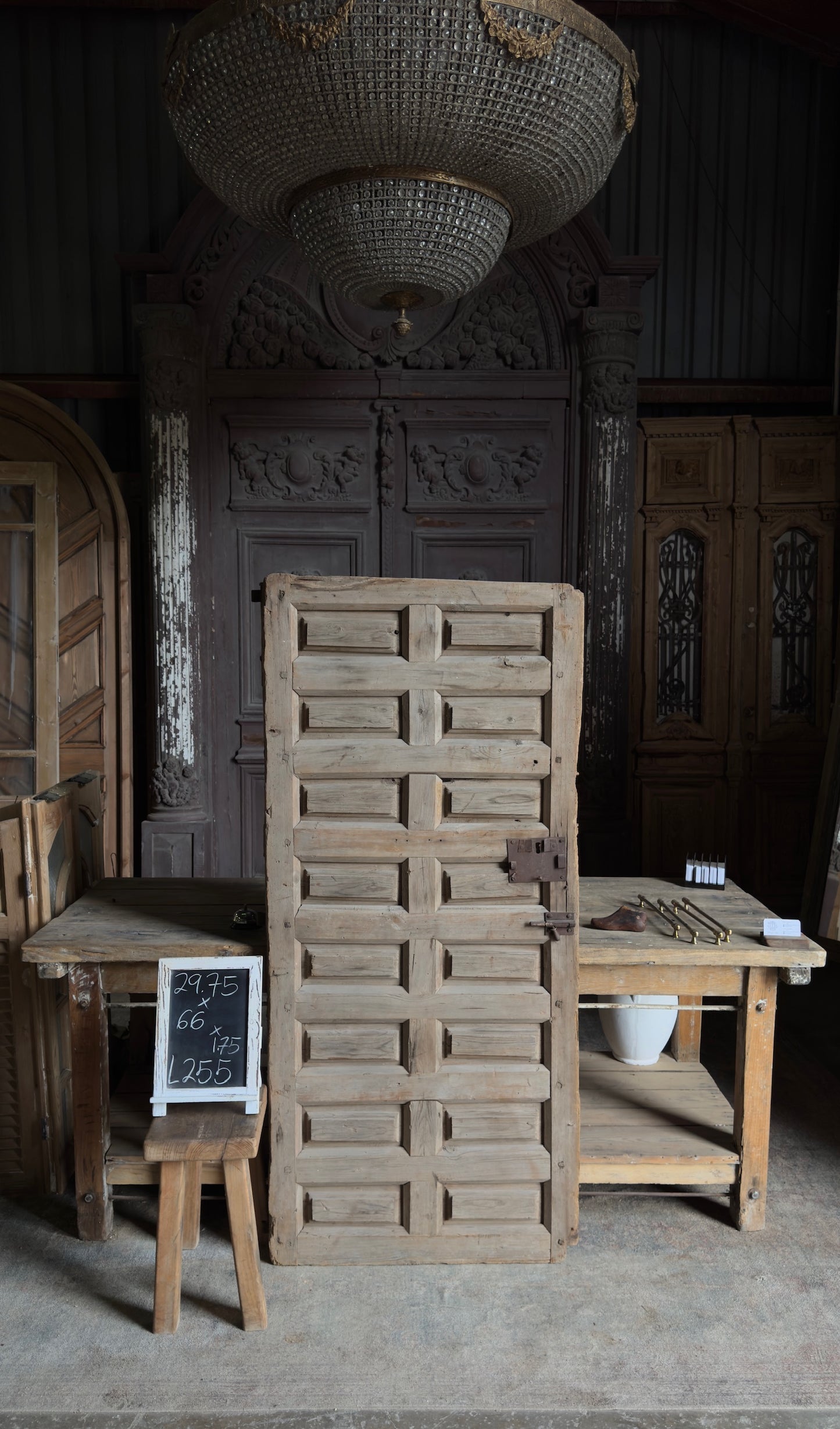 Spanish Coffered Panel Antique Single Door - 29.75x66 - L255