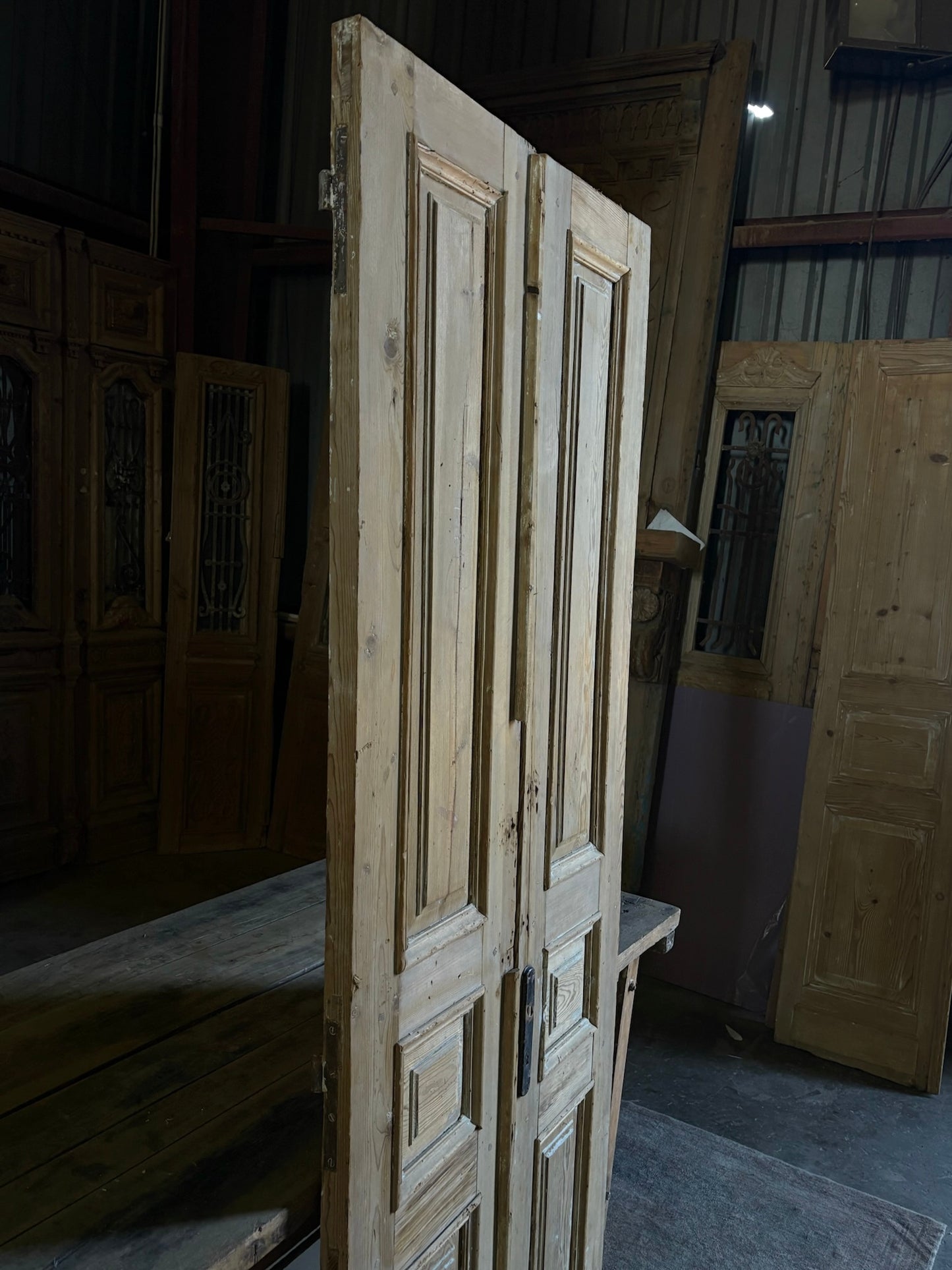 Raised Molding 3 Panel Antique Solid French Doors - 34.5x86 - L95