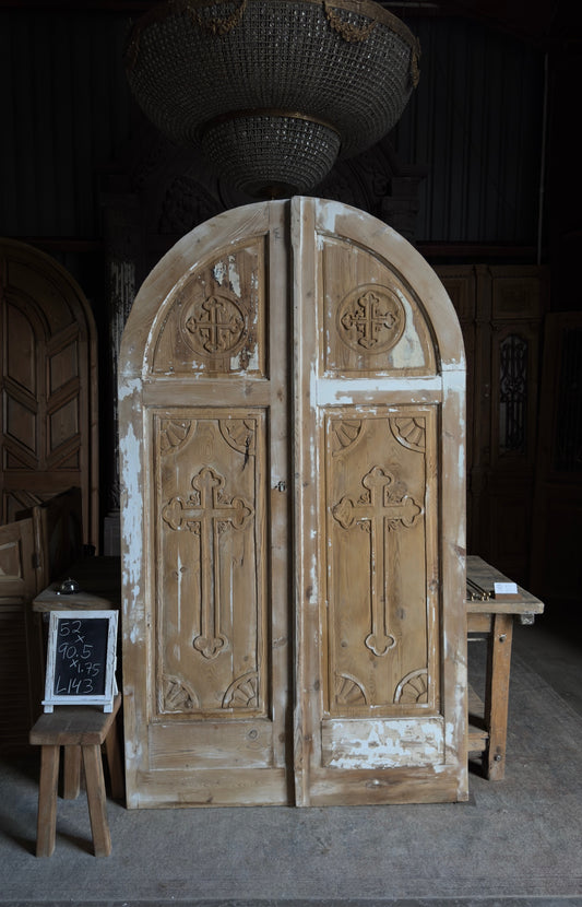 Antique Solid Arched Doors with Carved Cross - 52x90.5 - L143