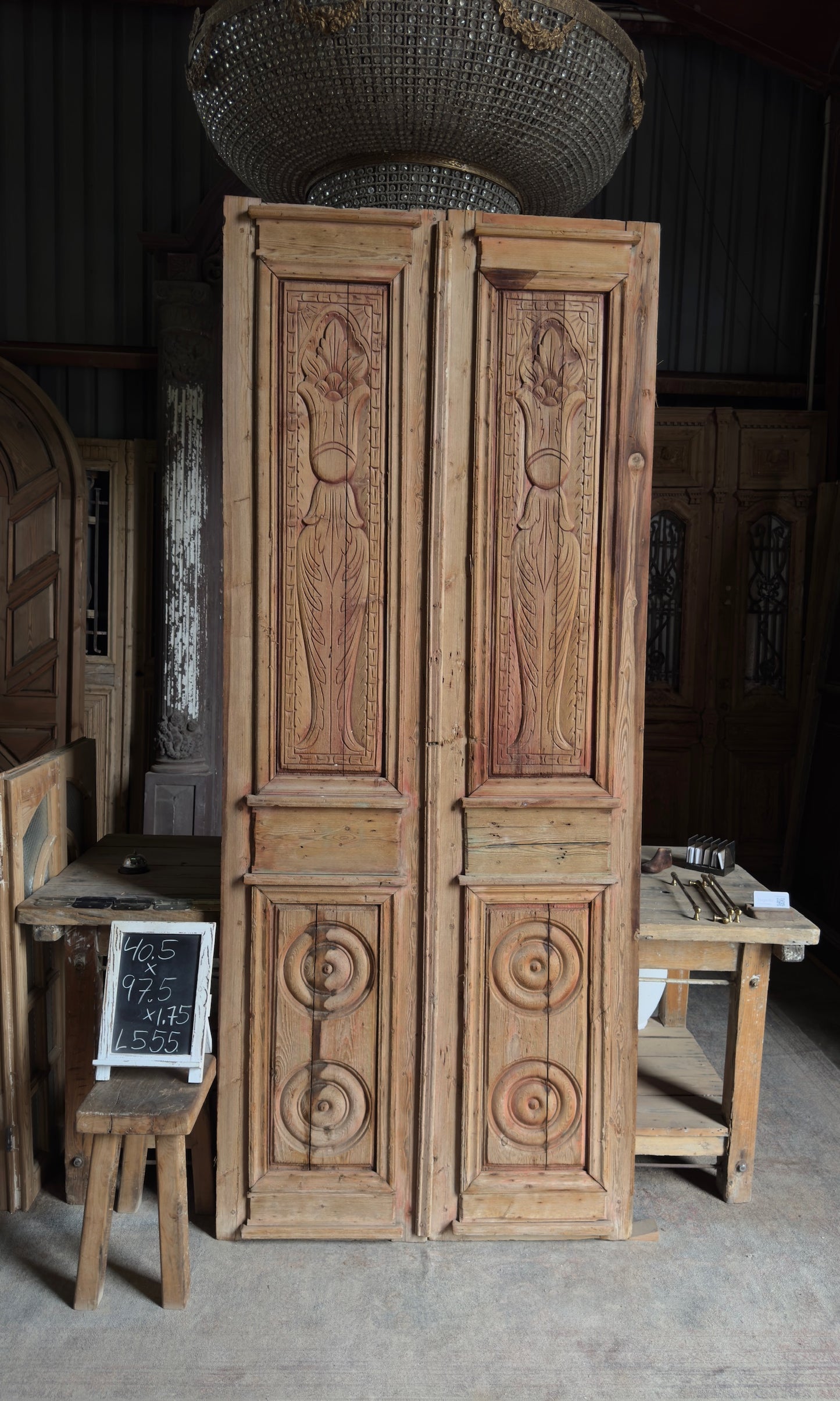 Antique Carved 4 Panel Double Doors - 40.5x97.5 - L555