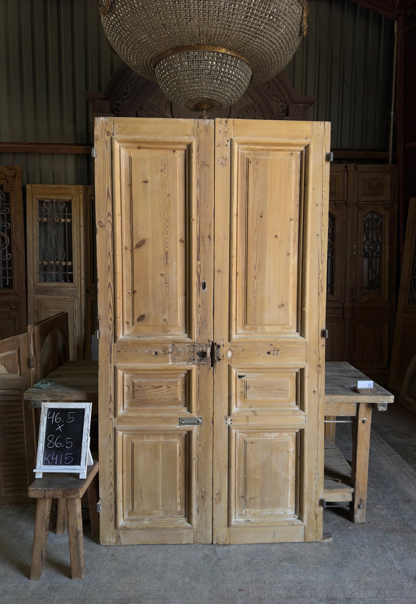 Raised Molding 3 Panel Antique Solid French Doors - 46.5x86.5 K415